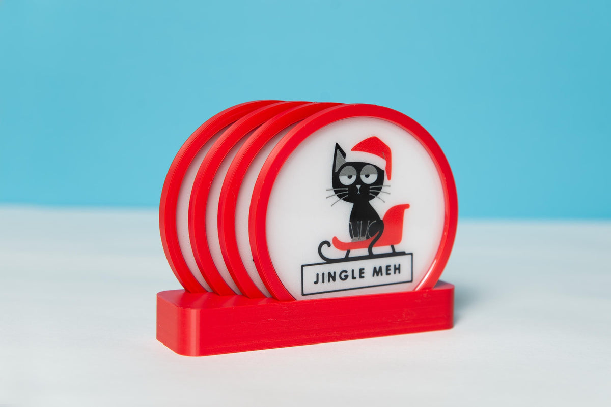 Funny Christmas Cat Coasters with Holder