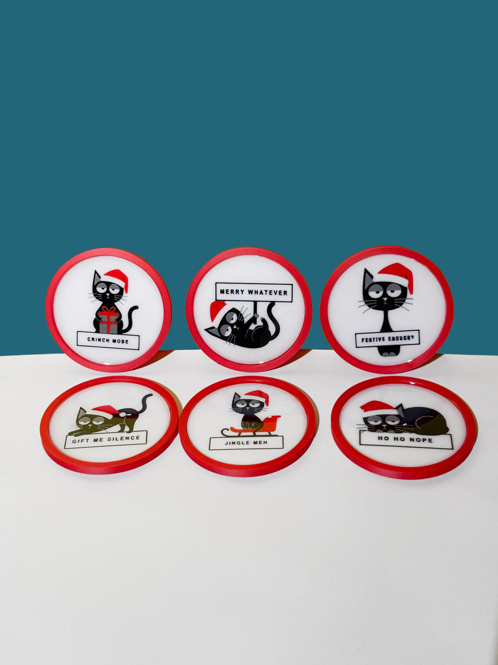 Funny Christmas Cat Coasters with Holder