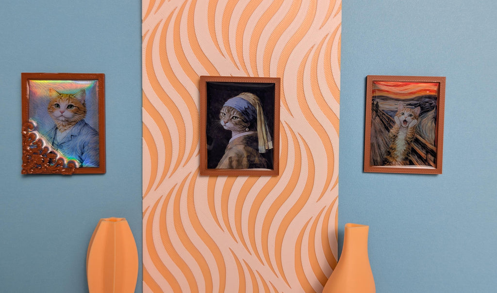 Miniature cat art frame set displayed as a dollhouse gallery wall