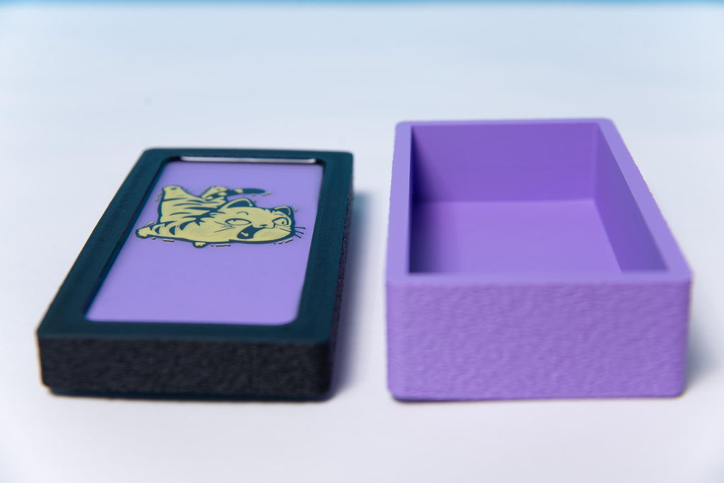 purple, black and yellow cat trinket box with glossy finish close view