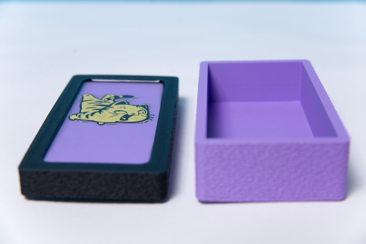 purple, black and yellow cat trinket box with glossy finish close view