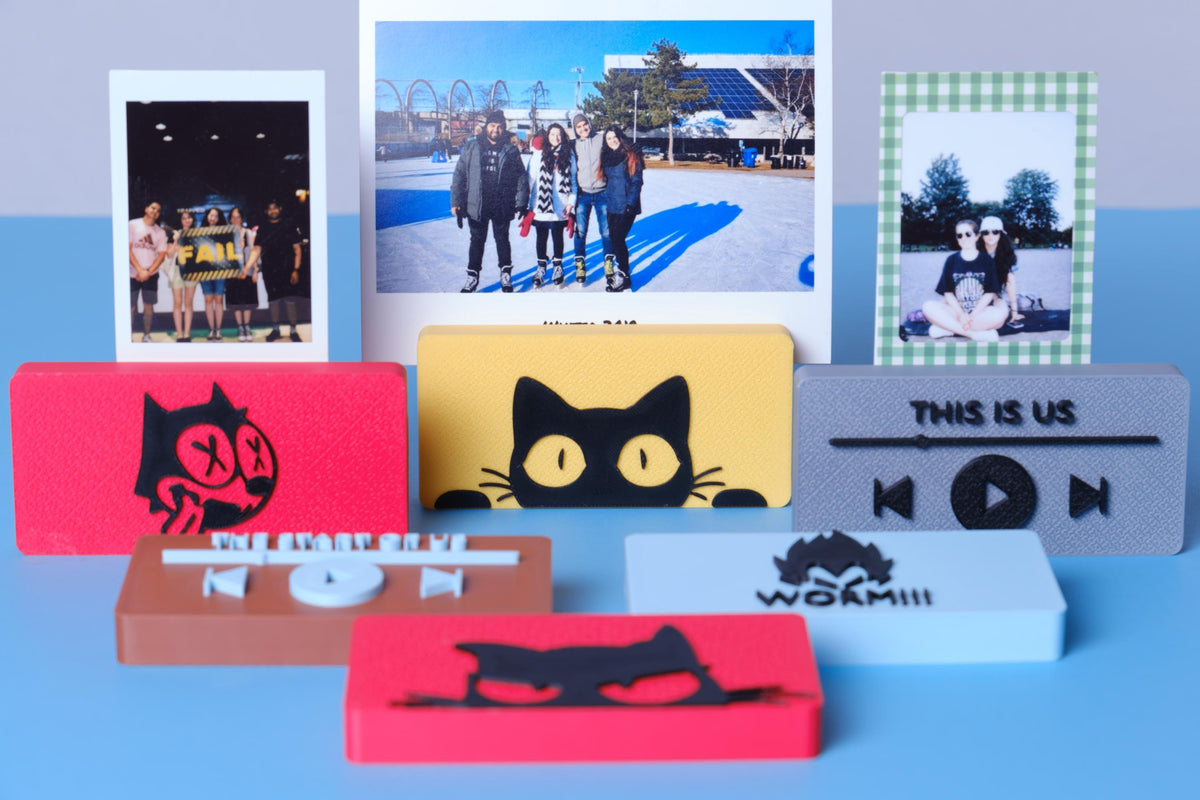 Cute freestanding photo holder displaying a favorite picture on a desk
